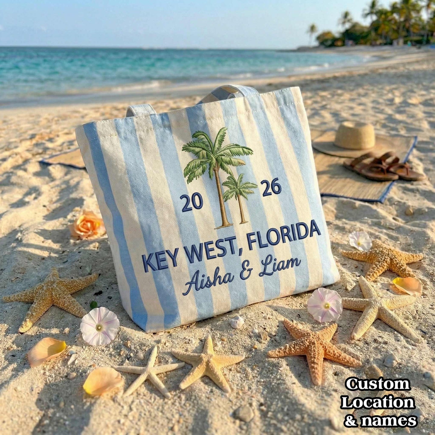 Personalized Palm Tree Custom Location & Names Embroidered Tote Bag - Vintage Striped Beach Tote