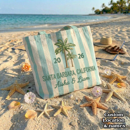 Personalized Palm Tree Custom Location & Names Embroidered Tote Bag - Vintage Striped Beach Tote