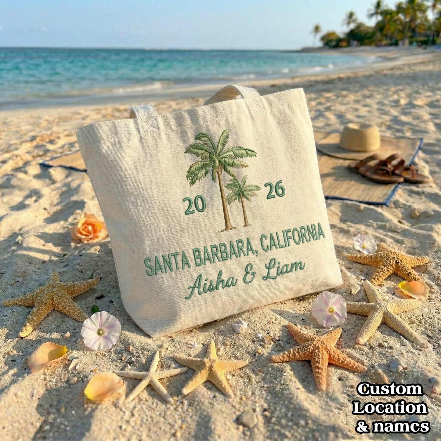 Personalized Palm Tree Custom Location & Names Embroidered Tote Bag - Vintage Striped Beach Tote