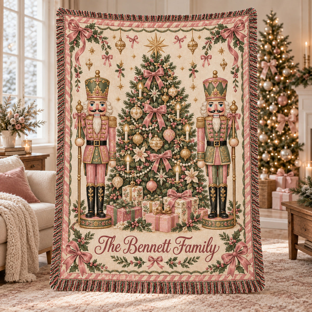 Personalized Nutcracker Christmas Woven Blanket, Custom Family Name Throw, Pink Bow and Tree Design