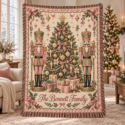 Personalized Nutcracker Christmas Woven Blanket, Custom Family Name Throw, Pink Bow and Tree Design