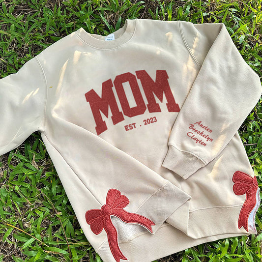 Christmas Embroidered MOM Glitter Bow Hoodie Sweatshirt T-Shirt