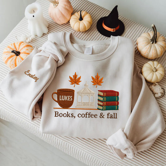 Halloween Personalized Embroidered Book Coffee & Fall Hoodie Sweatshirt T-Shirt