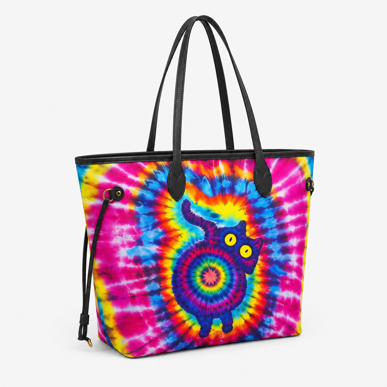 Vibrant Rainbow Tie-Dye Spiral Cat Women's Large PU Bag