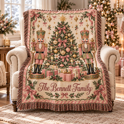 Personalized Nutcracker Christmas Woven Blanket, Custom Family Name Throw, Pink Bow and Tree Design