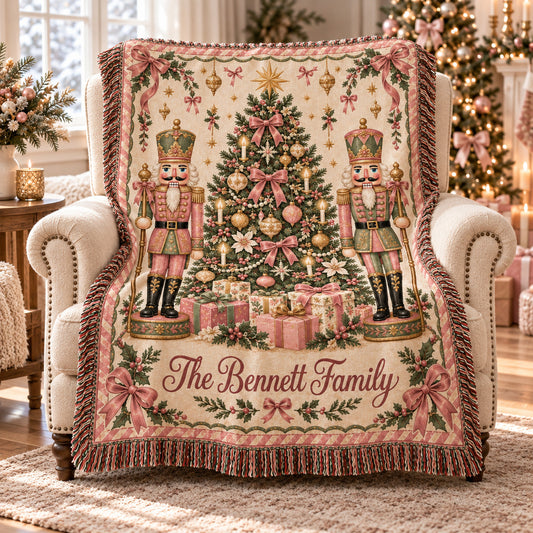 Personalized Nutcracker Christmas Woven Blanket, Custom Family Name Throw, Pink Bow and Tree Design