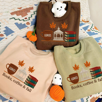 Halloween Personalized Embroidered Book Coffee & Fall Hoodie Sweatshirt T-Shirt