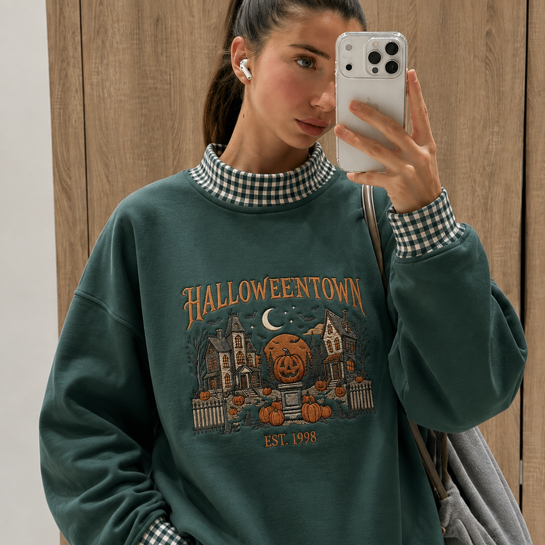 Embroidered Halloween Gingham Sweatshirt, Custom Gingham Crewneck