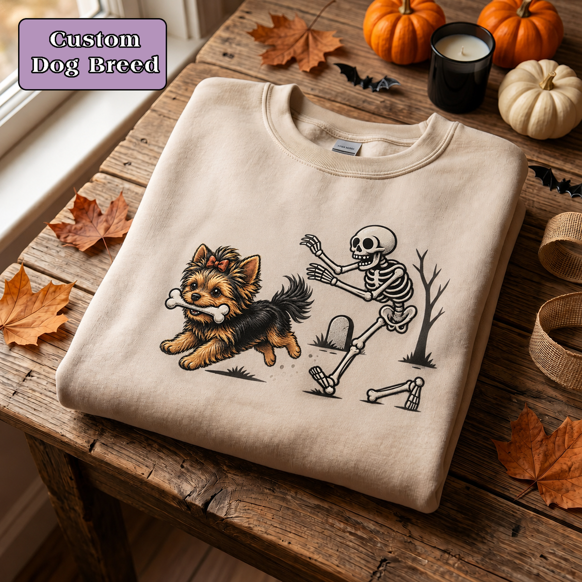 Halloween Dog & Skeleton Printed Graphic Sweatshirt T-Shirt