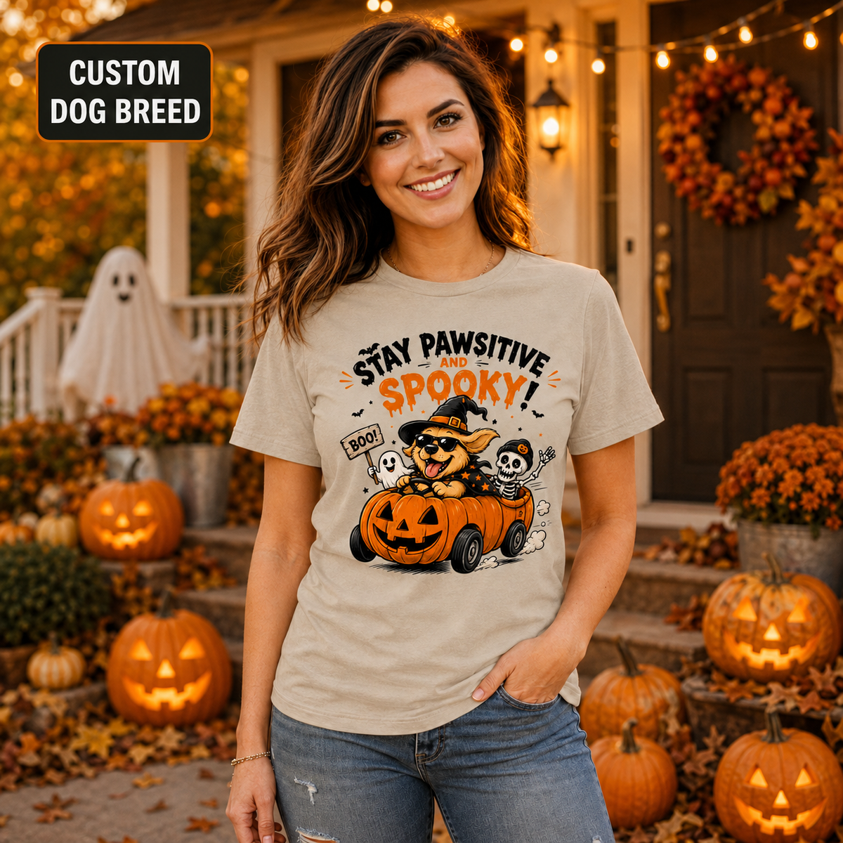 Halloween Custom Dog Breed Stay Pawsitive And Spooky Printed Graphic Sweatshirt T-Shirt