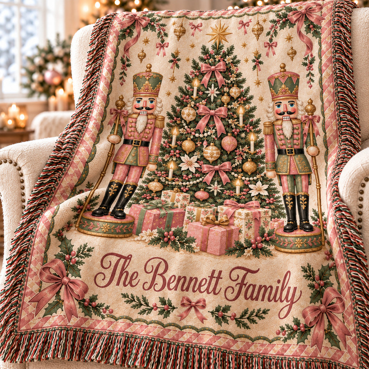 Personalized Nutcracker Christmas Woven Blanket, Custom Family Name Throw, Pink Bow and Tree Design