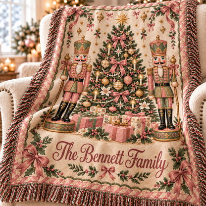 Personalized Nutcracker Christmas Woven Blanket, Custom Family Name Throw, Pink Bow and Tree Design