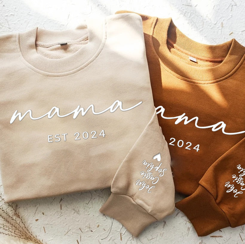 Personalized Custom Text with Kid Names on Sleeve Embossed Printed Hoodie Sweatshirt T-Shirt