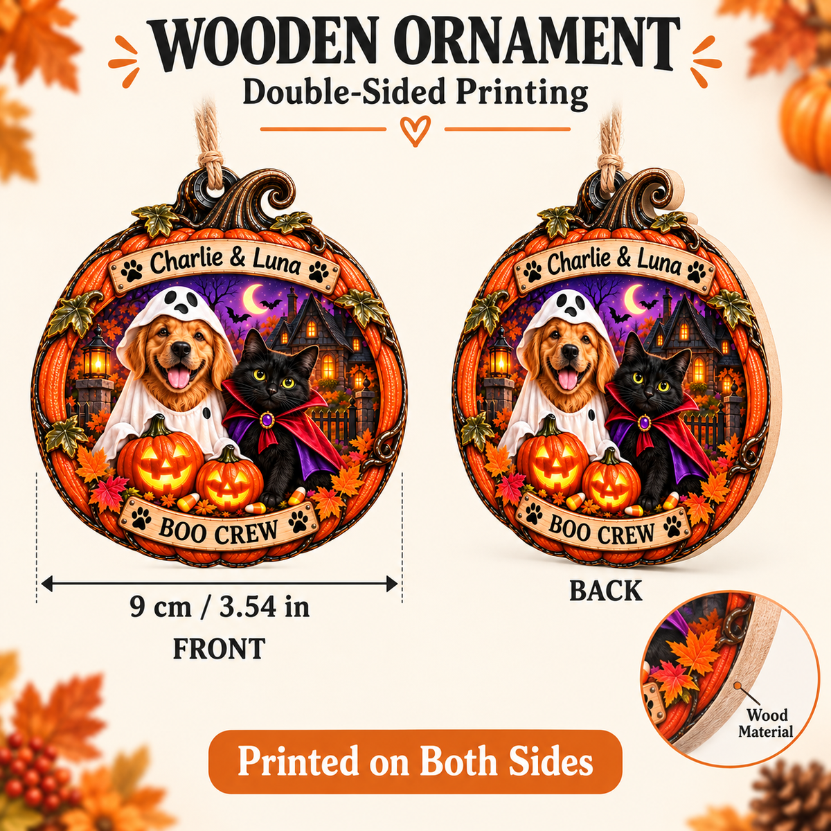 Personalized Halloween Haunted House Custom Pet  Photo & Name Double-Side Printed Wooden Ornament