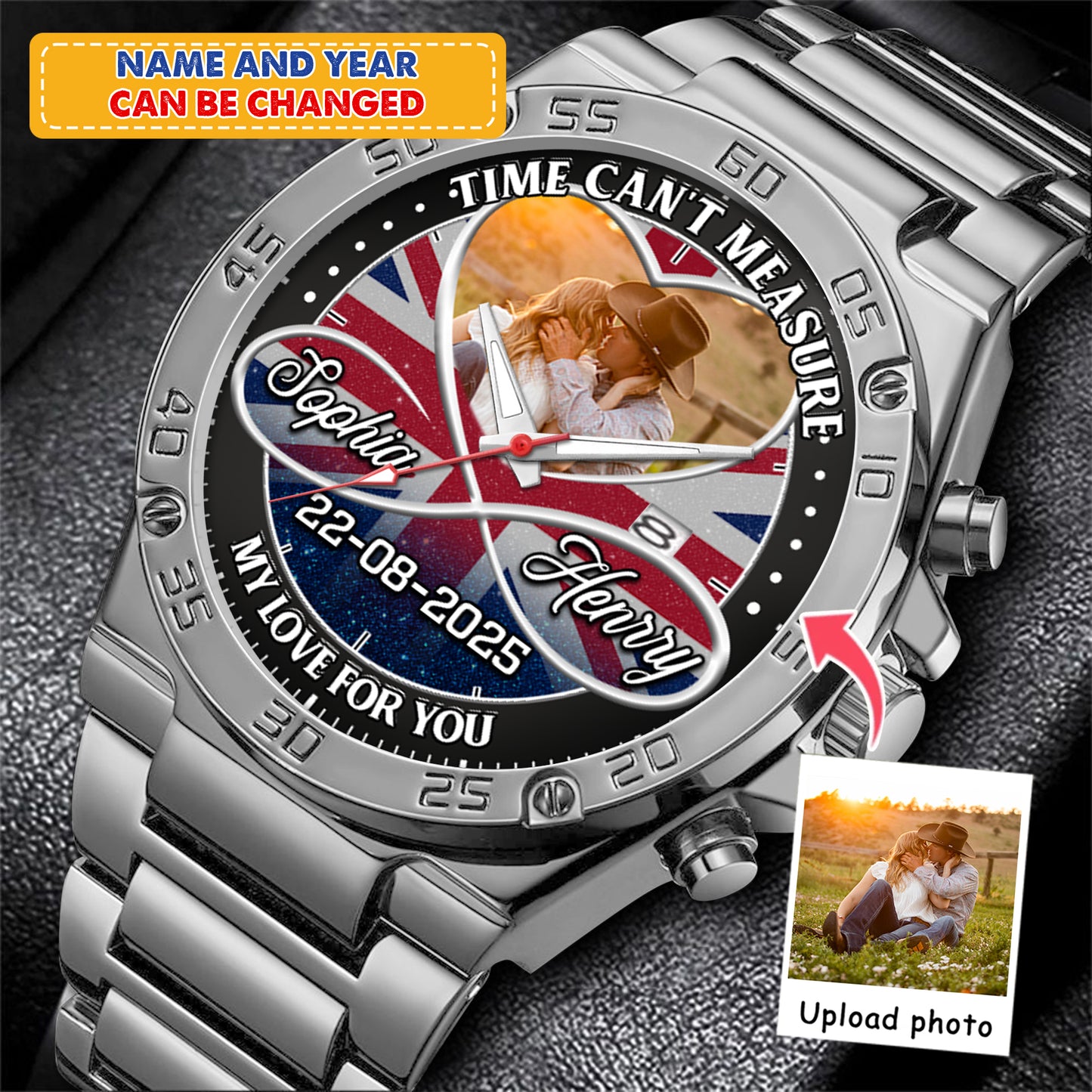 Personalized Family Photo Couple Photo Upload - Custom Stainless Steel Watches - Union Flag Edition