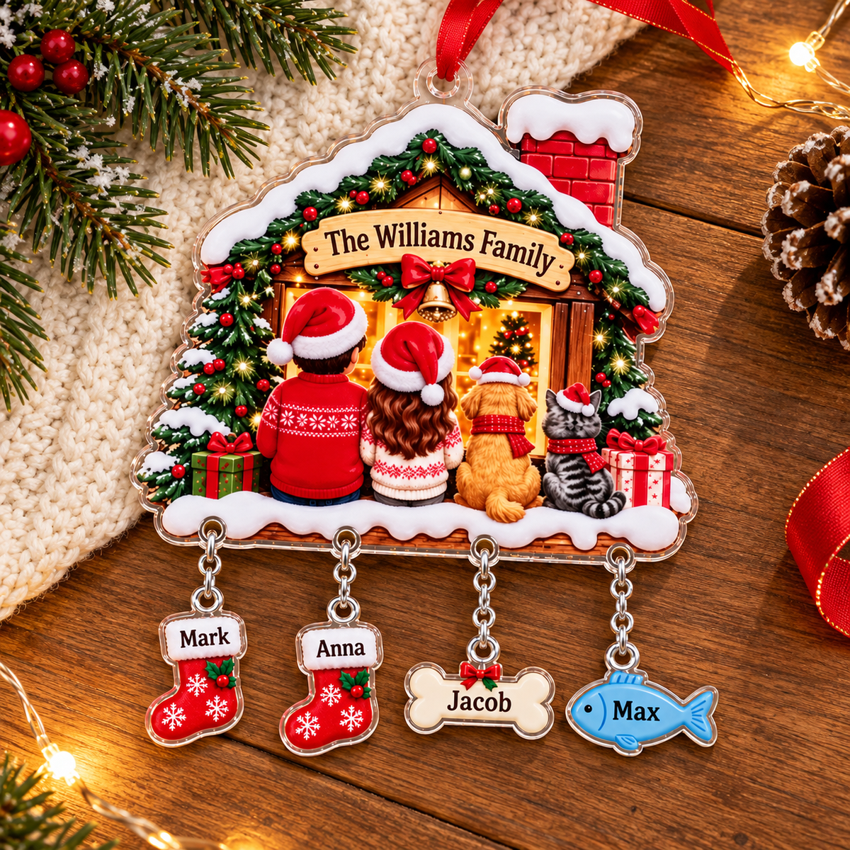 Personalized Family Christmas Ornament with Pets, Custom Name House Ornament, Dog and Cat Keepsake, Family Christmas Gift