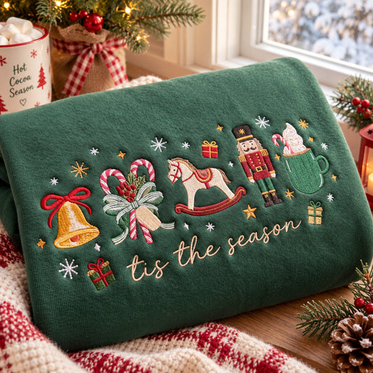Tis the Season Embroidered Christmas Sweatshirt, Nutcracker and Rocking Horse Design, Navy Holiday Crewneck - DL07041026