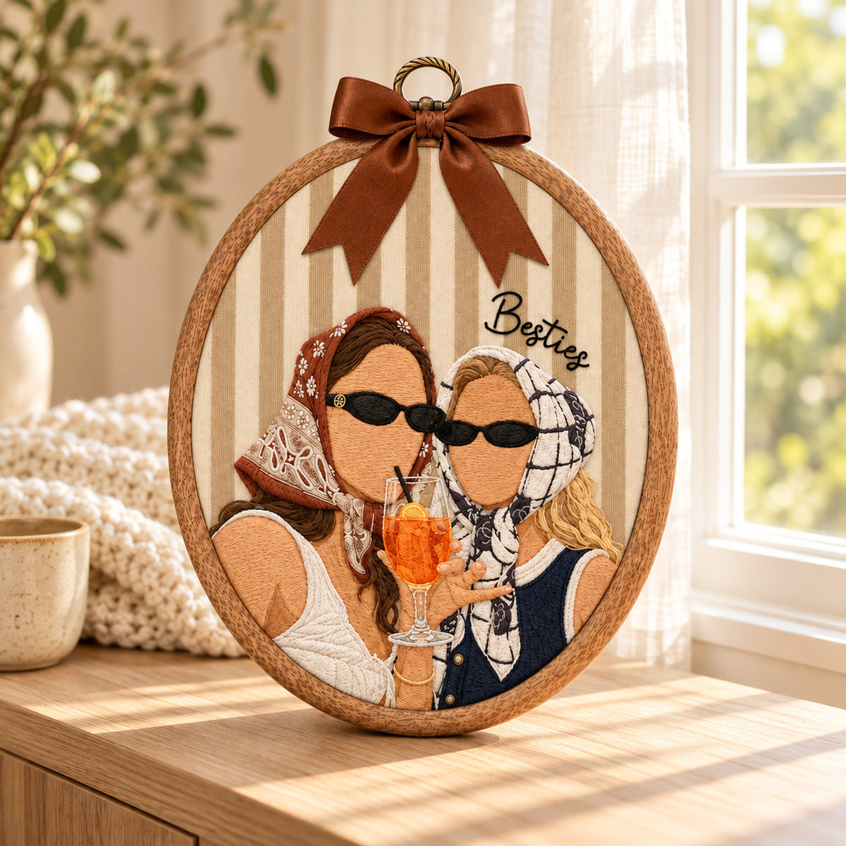 Personalized Photo Ornament, Embroidery Style Portrait with Custom Names, Oval Family Keepsake, Couple or Best Friend Gift - DL01211026