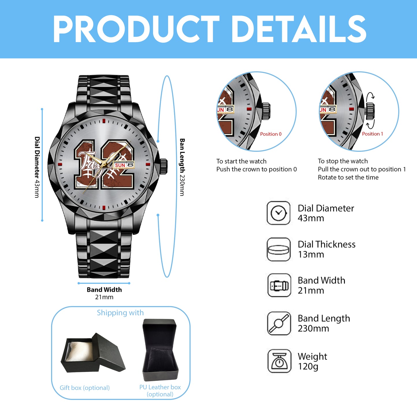 Personalized American Football Custom Name & Number Watch Father's Day Gift For Him