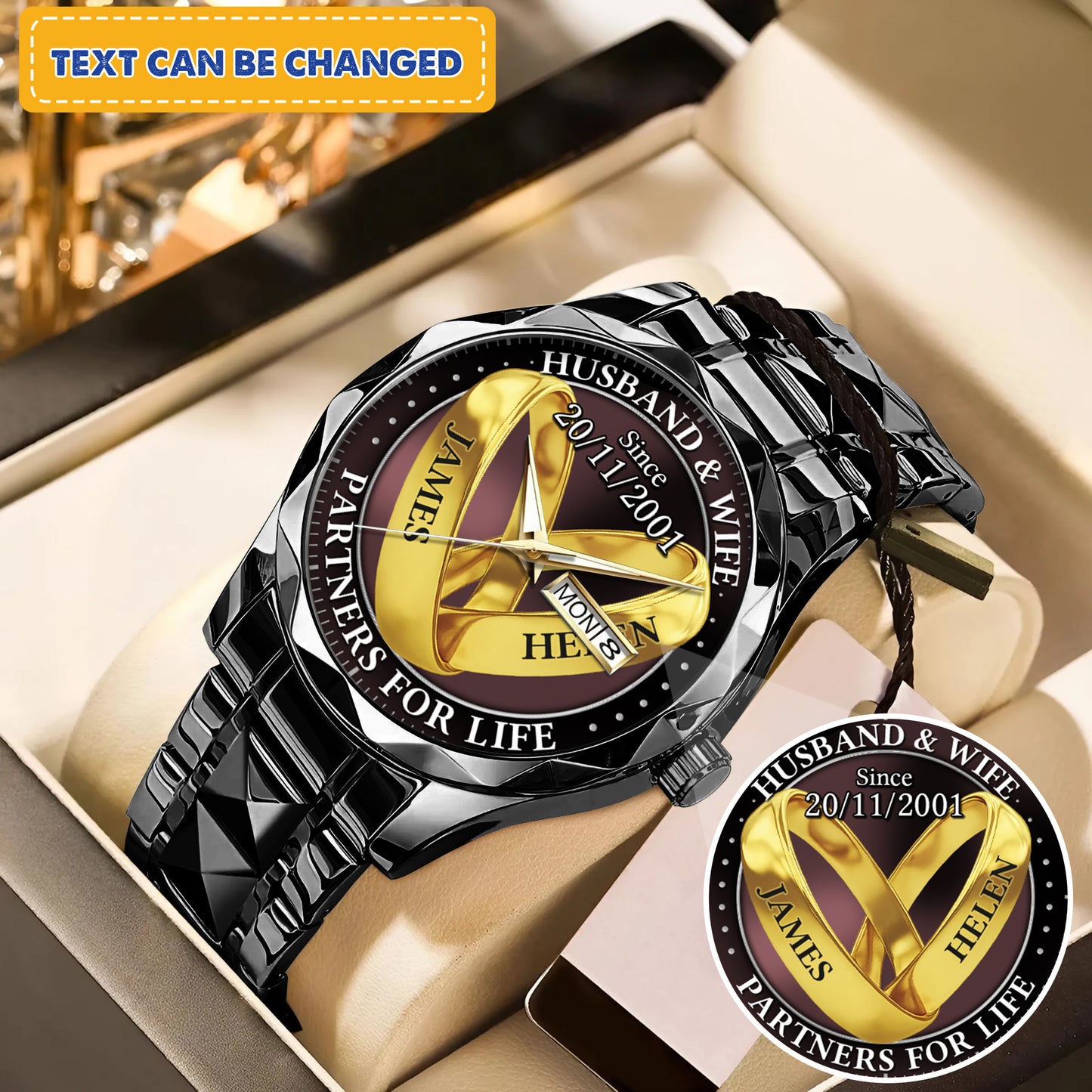 Personalized Wedding Rings - Custom Stainnless Steal Black Metal Watch