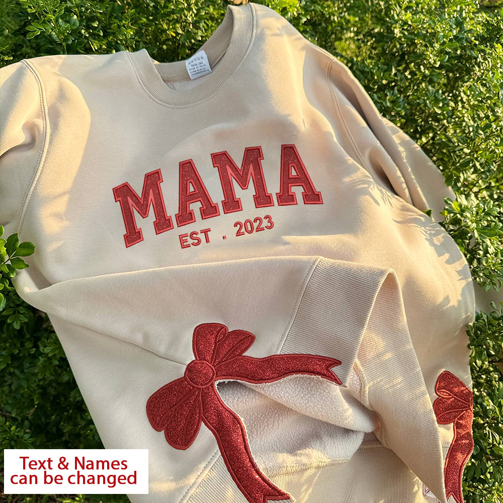 Christmas Embroidered Mama Grandpa Mimi Custom Text Glitter Bow Hoodie Sweatshirt T-Shirt