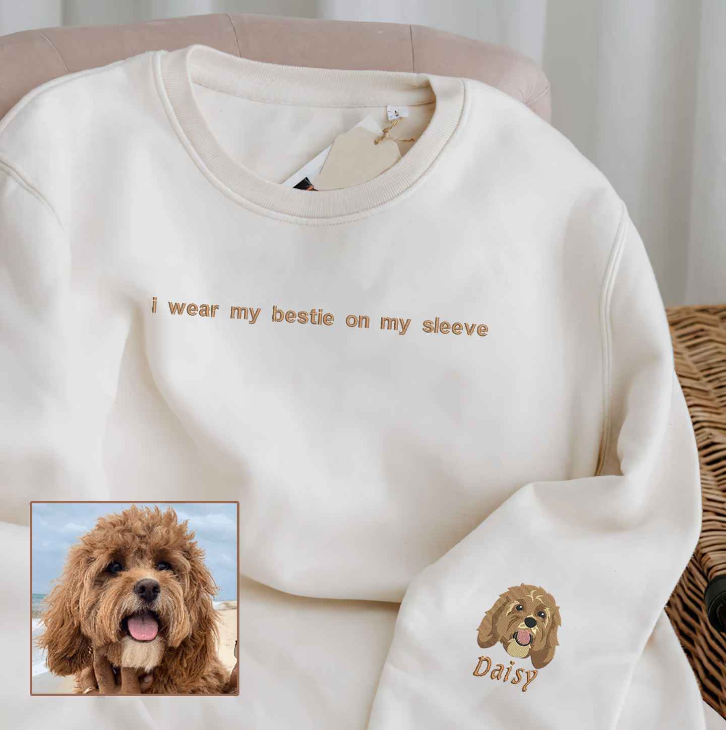 Personalized Embroidered Pet Dog Cat I Wear My Bestie On My Sleeve Hoodie Sweatshirt T-Shirt