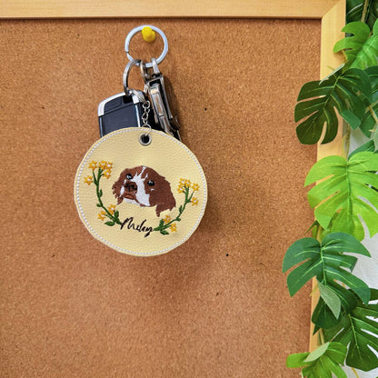 Personalized Embroidered Leather Pet Dog Cat Floral Photo Keychain