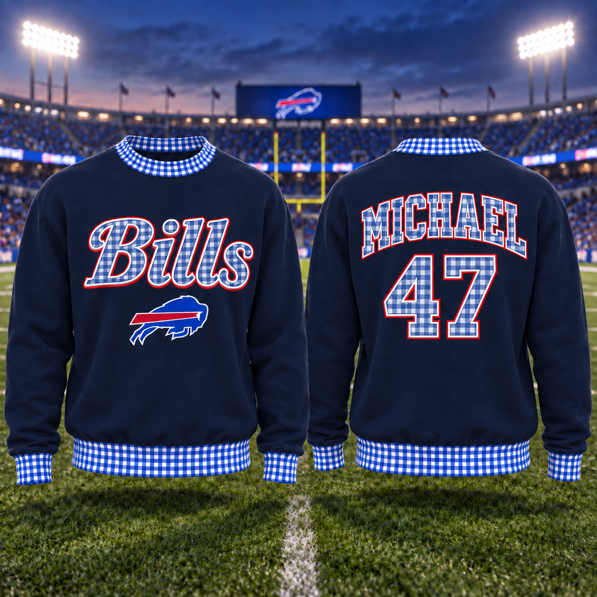 Personalized Embroidered Sweatshirt with Gingham Trim – Custom Name & Number