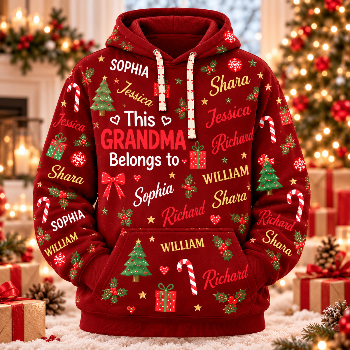 Personalized Grandma Christmas Pajama Set, Green Sweatshirt and Lounge Pants with Grandkids' Names