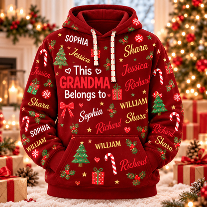 Personalized Grandma Christmas Pajama Set, Green Sweatshirt and Lounge Pants with Grandkids' Names