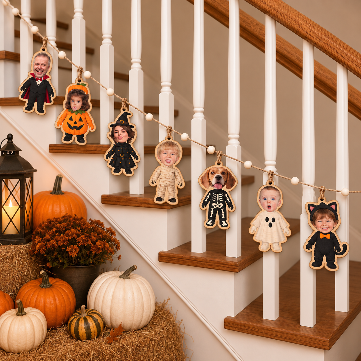 Halloween Personalized Family Members Faces Wooden Garland