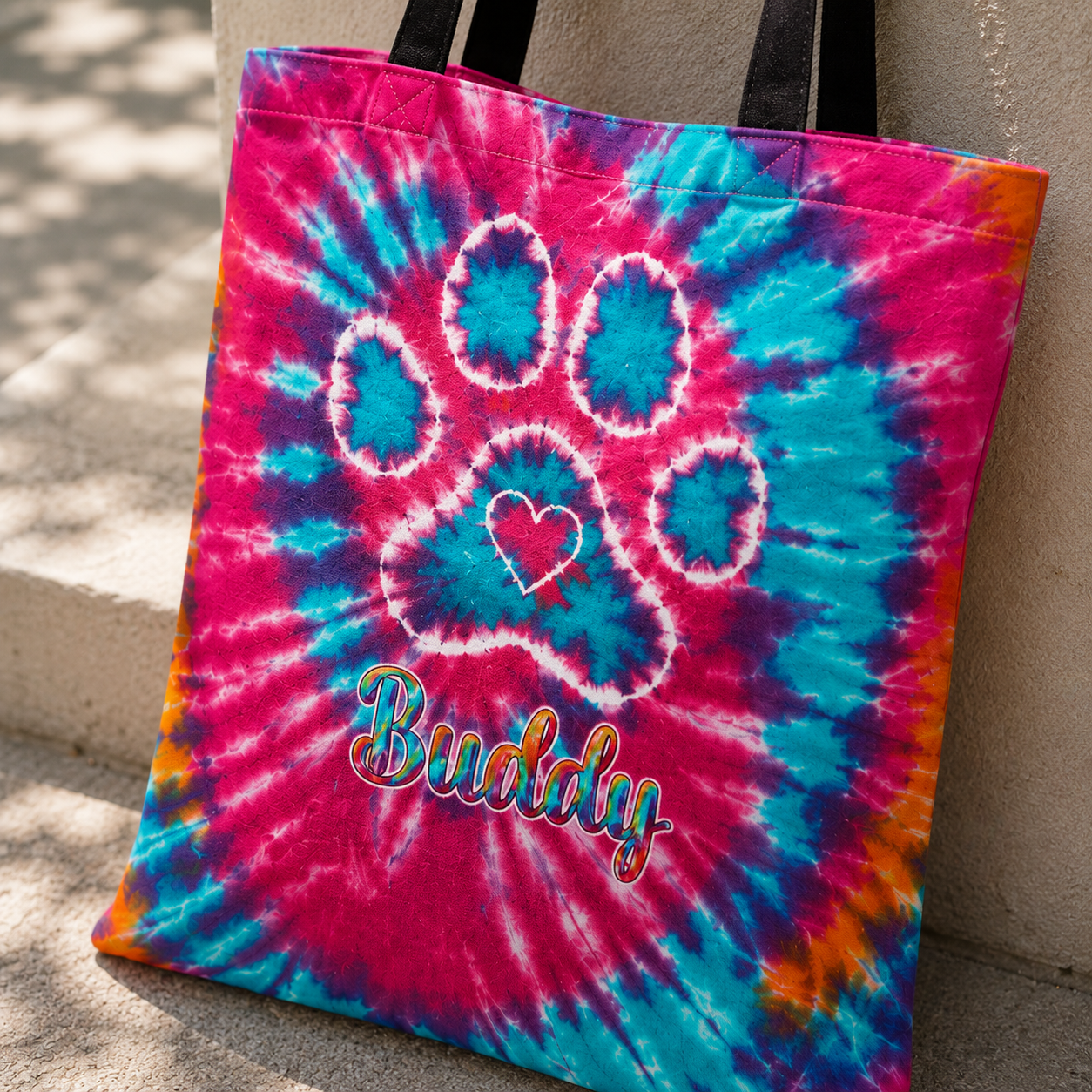 Paw Print Colorful Tie Dye Swirl Cat Tote Bag