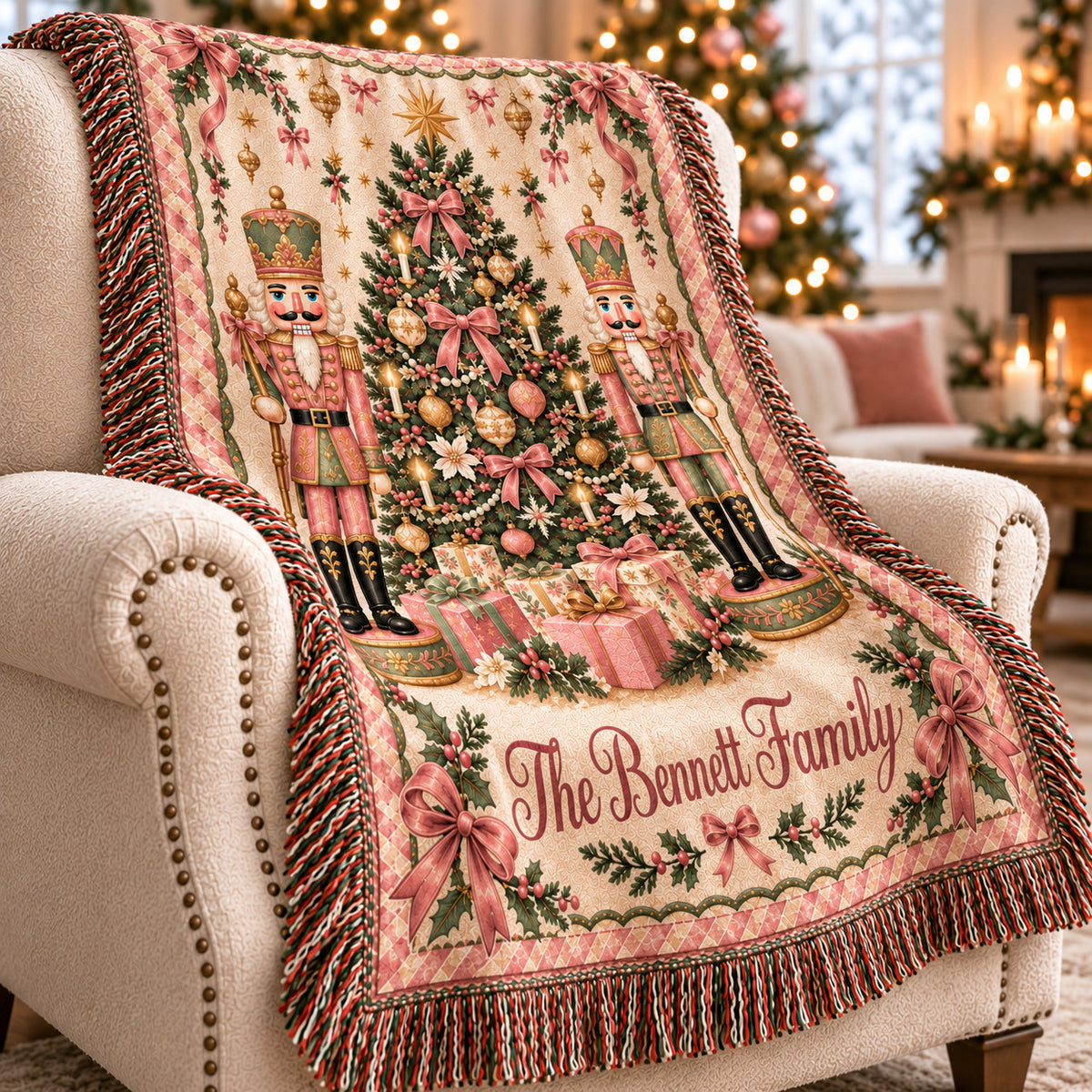 Personalized Nutcracker Christmas Woven Blanket, Custom Family Name Throw, Pink Bow and Tree Design