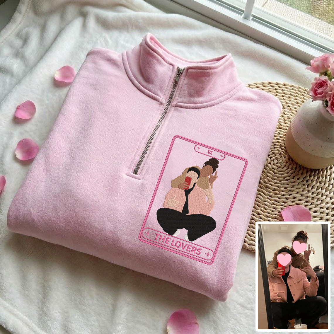 Valentine Personalized Embroidered The Lovers Tarot Card Photo Hoodie Sweatshirt T-Shirt