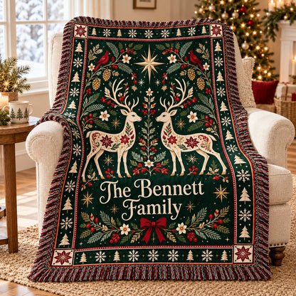 Personalized Christmas Deer Woven Blanket, Custom Family Name Throw, Nordic Folk Art Holiday Decor