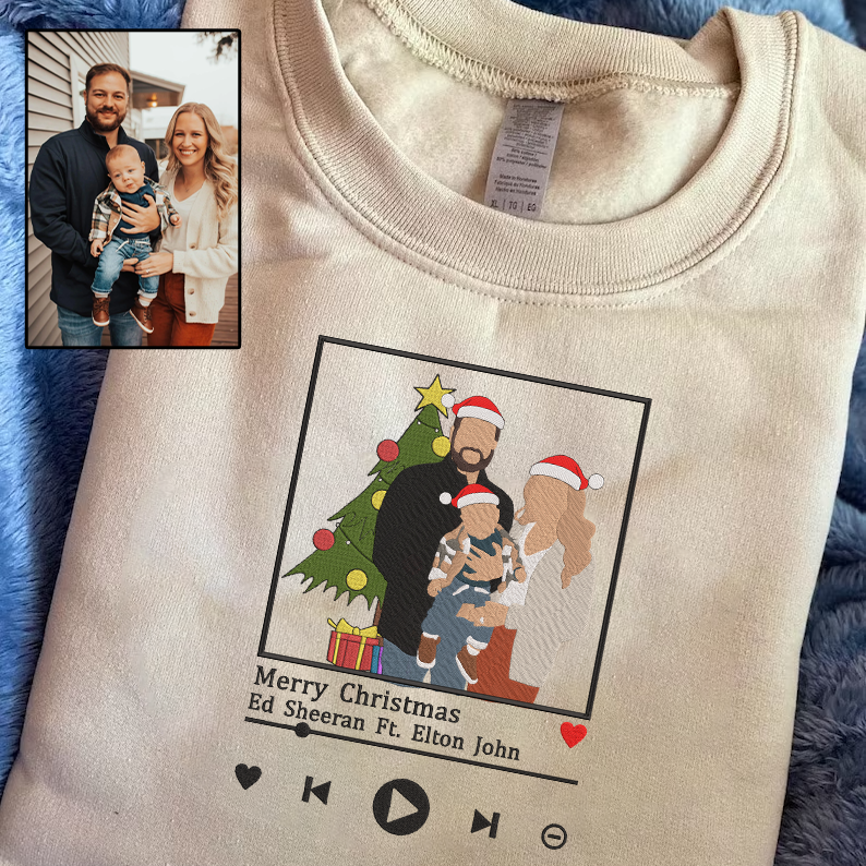 Christmas Embroidered Family Photo And Song Hoodie Sweatshirt T-Shirt