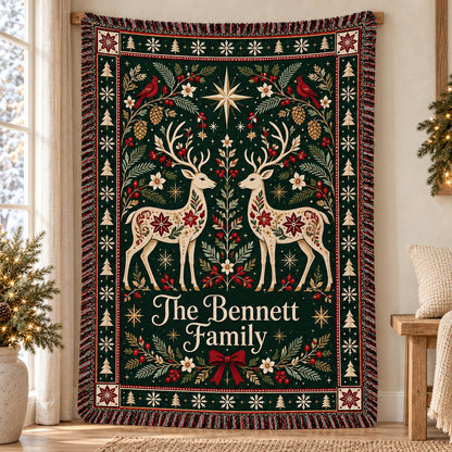 Personalized Christmas Deer Woven Blanket, Custom Family Name Throw, Nordic Folk Art Holiday Decor