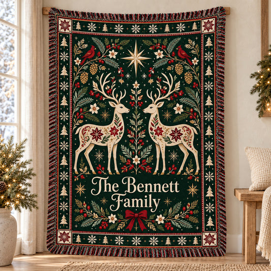 Personalized Christmas Deer Woven Blanket, Custom Family Name Throw, Nordic Folk Art Holiday Decor