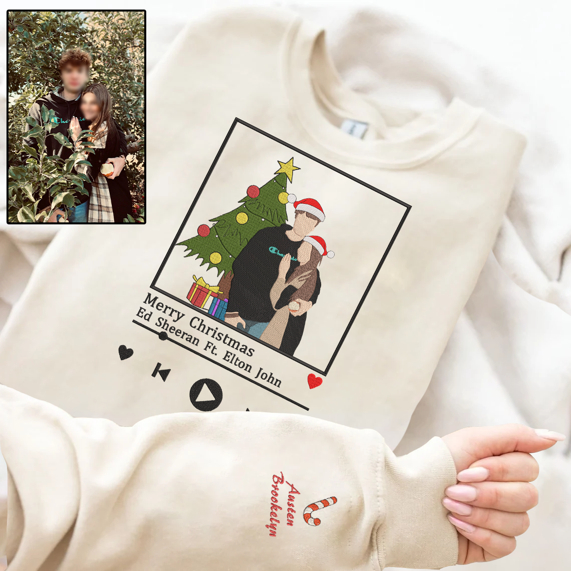 Christmas Embroidered Couple Photo And Song Hoodie Sweatshirt T-Shirt