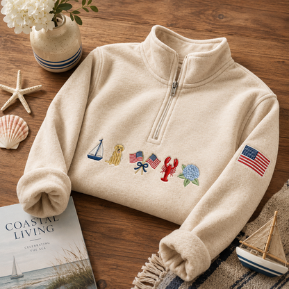 Coastal Embroidered Fleece Pullover Quarter-Zip Sweatshirt, Hoodie Sweatshirt T-Shirt
