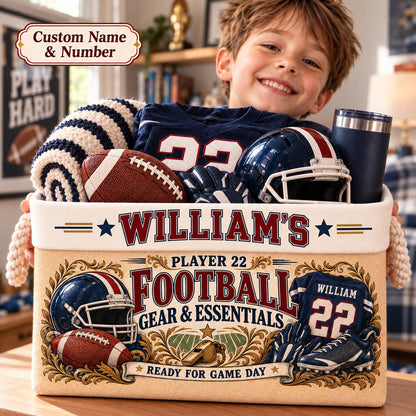 Personalized Football Storage Basket, Custom Name and Jersey Number, Vintage Sports Decor, Player Gift
