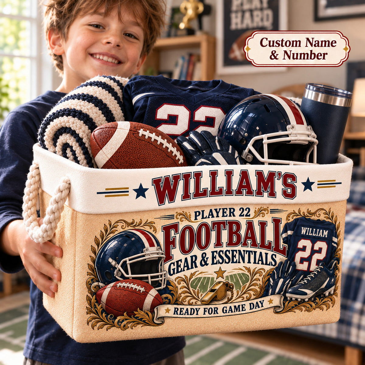 Personalized Football Storage Basket, Custom Name and Jersey Number, Vintage Sports Decor, Player Gift