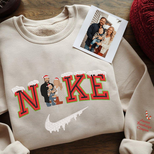 Christmas Embroidered Family Photo Snow Custom Text Hoodie Sweatshirt T-Shirt