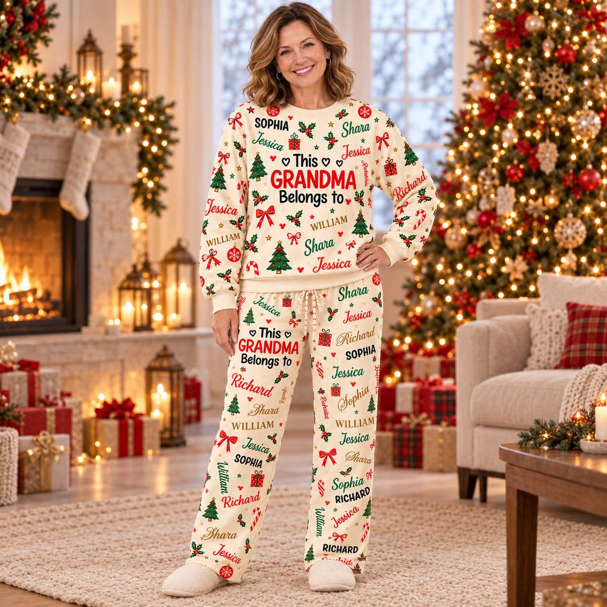 Personalized Grandma Christmas Pajama Set, Green Sweatshirt and Lounge Pants with Grandkids' Names