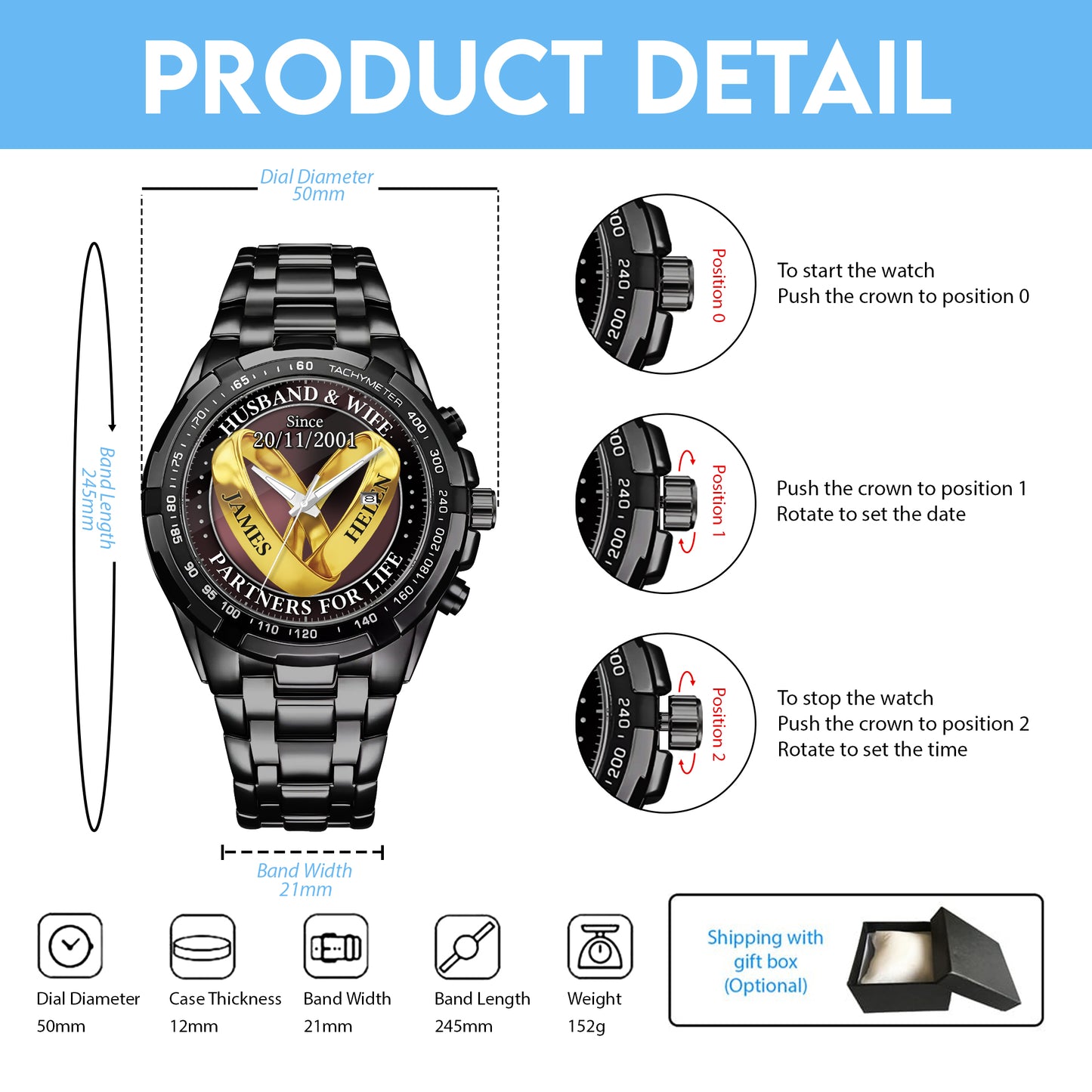 Personalized Wedding Rings - Custom Stainnless Steal Black Metal Watch