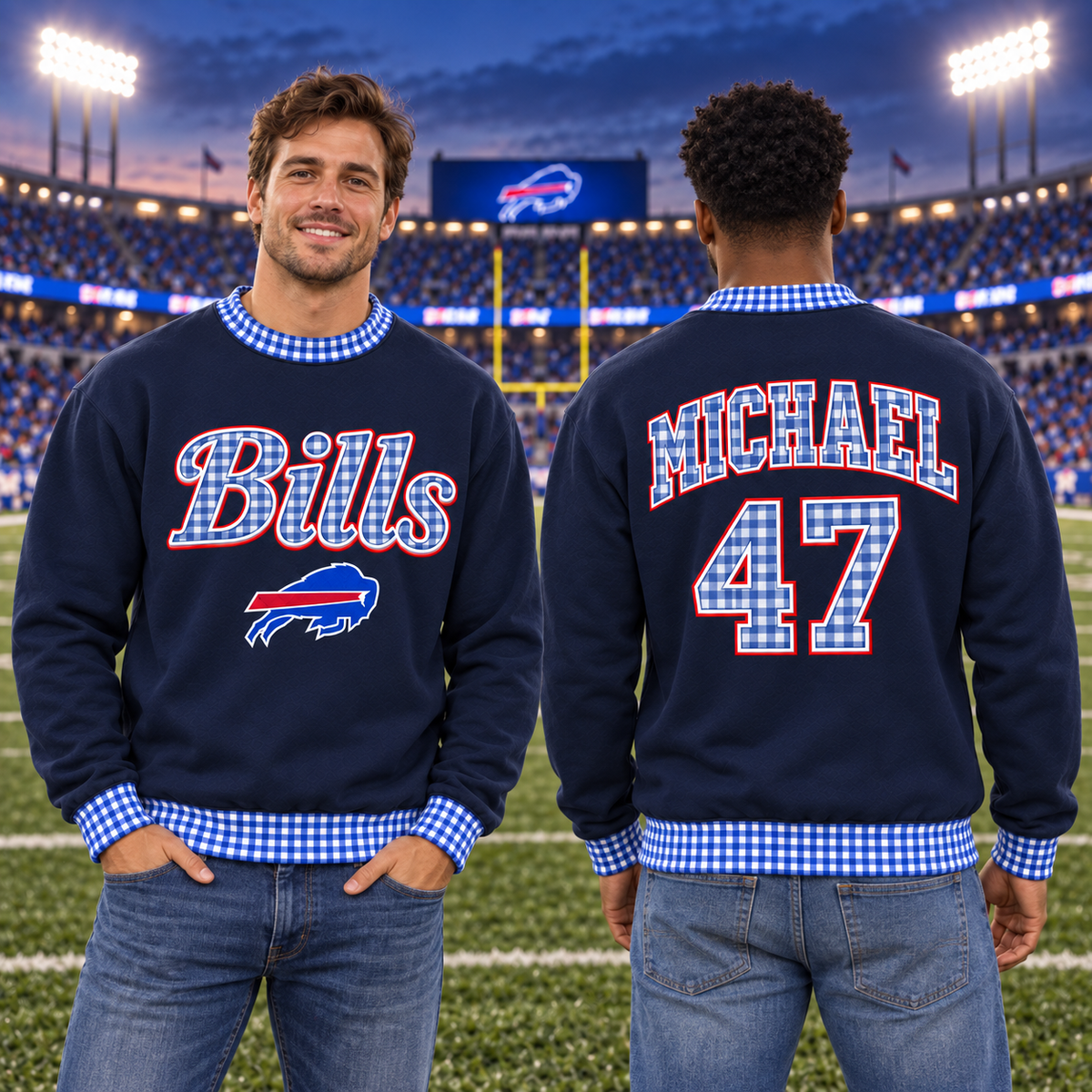Personalized Embroidered Sweatshirt with Gingham Trim – Custom Name & Number