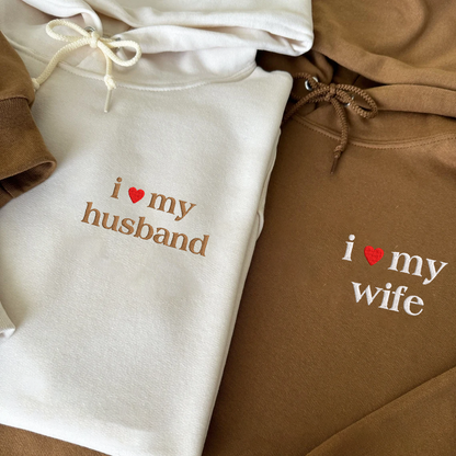 Valentine Embroidered Custom I Love My Wife/ Husband With Heart On Sleeve Hoodie Sweatshirt T-shirt