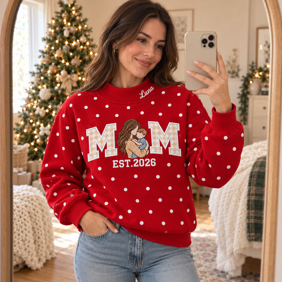 Personalized Custom Photo Mom Embroidered Polka Dot Sweatshirt