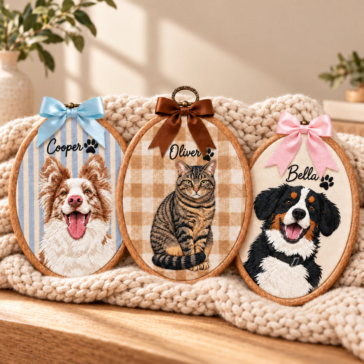 Custom Pet Portrait Embroidered Ornament from Photo, Personalized Dog or Cat Name Keepsake with Bow - DL02211026