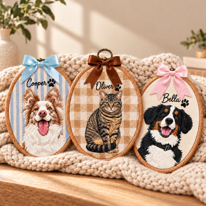 Custom Pet Portrait Embroidered Ornament from Photo, Personalized Dog or Cat Name Keepsake with Bow - DL02211026